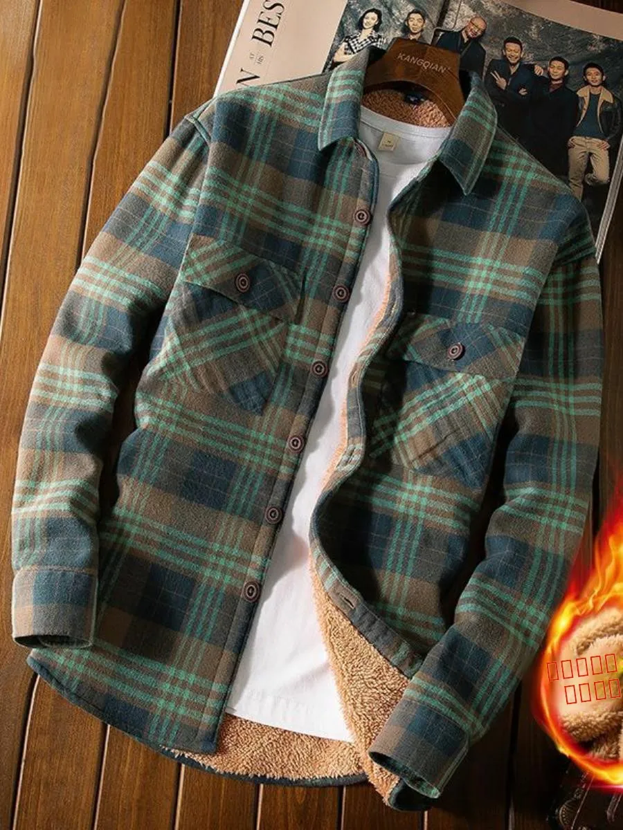 

Men's Winter Thiened Fce Plaid irt Loose Casual Lamb Velvet Warmth Collarl Coat Cotton Flannel id Patterned irt