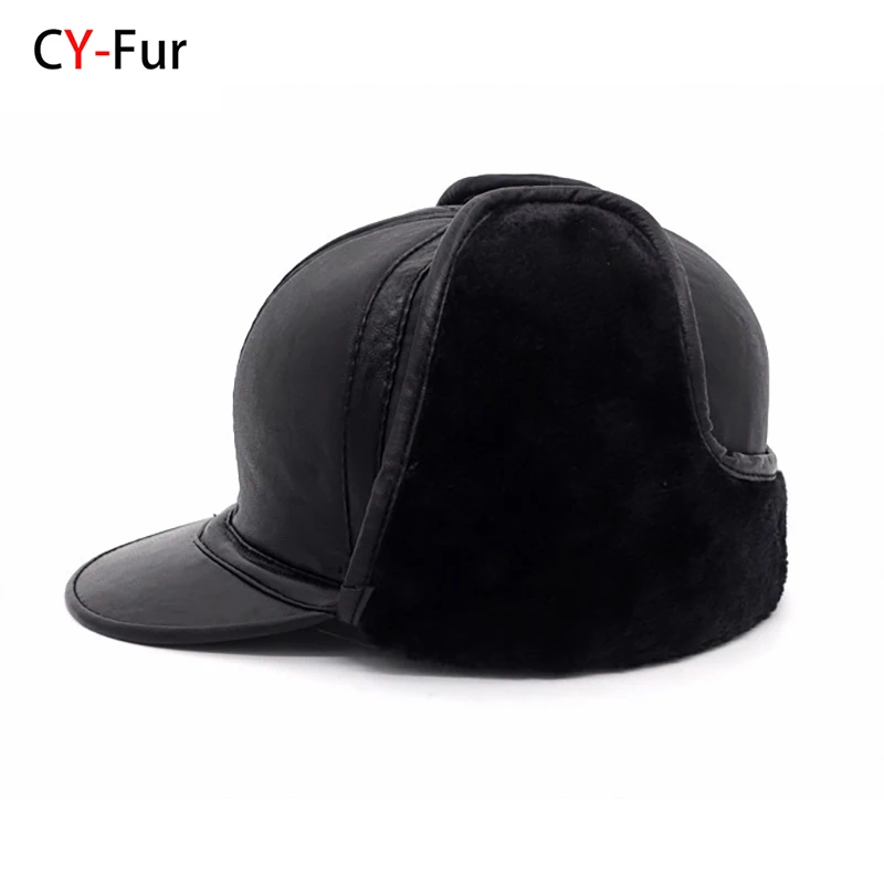 

Hot Sale Male Casual Winter Warm Sheepskin Leather Cap New Arrival Adult Caps Men 100%Natural Real Sheepskin Leather Bomber Hats