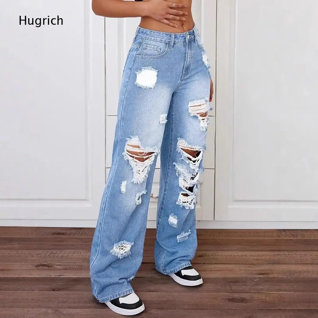 Multi Frayed Hole Ripped High Waist Wide Leg Jeans Solid Light Blue Loose Straight Distressed Casual Street Pants For Women