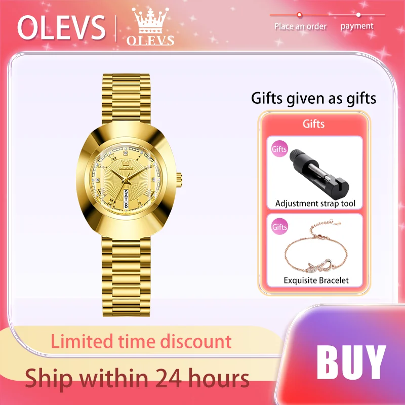 

OLEVS Gold Women's Watches Prismatic Mirror Surface Quartz Watch Calendar Waterproof Original Authentic Exquisite Female Watch