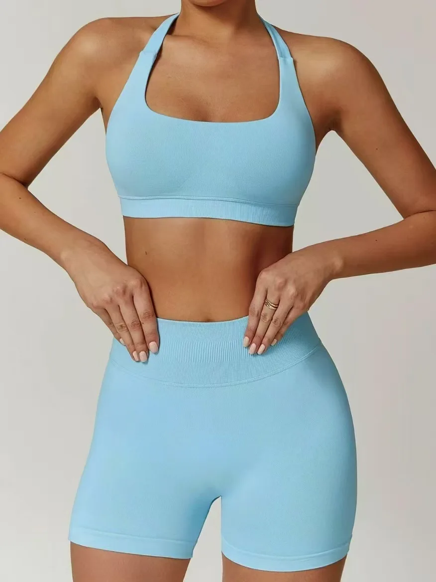 2pcs Seamless Halter Neck Yoga Suit Jacket for Women Sports Bras Shorts Beauty Back Top Running Fitness Pants Stretch Tight Set image 5