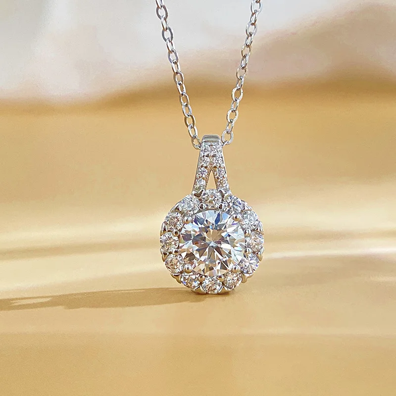 

Ожерелье с муассанитом, кулон, модная круглая сумка принцессы на 1 карат, простая и универсальная цепочка на ключицу