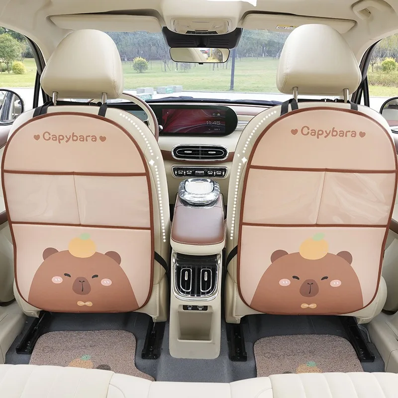 1pc Cute Capybara Car Seat Back Storage Bag Cover Protector for Kids Anti-kick Pad Cartoon Leather Accessories Cartoon Interior