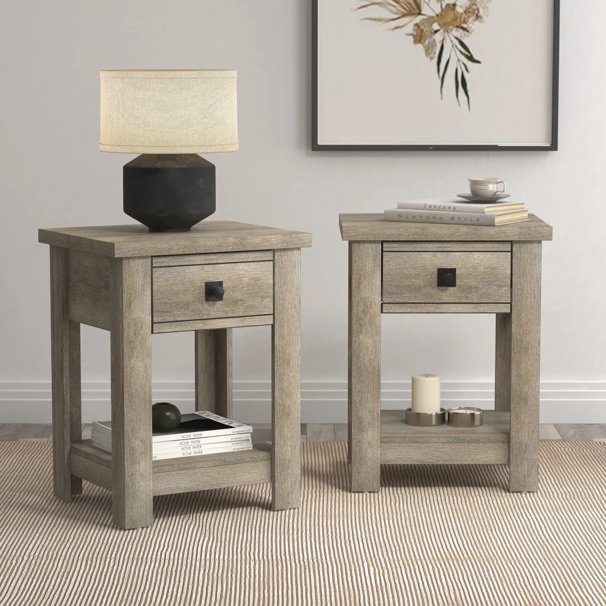 Transitional Addison Farmhouse 1 Drawer Accent End Table Nightstand, Set of 2, Driftwood Gray/Black Oak/White