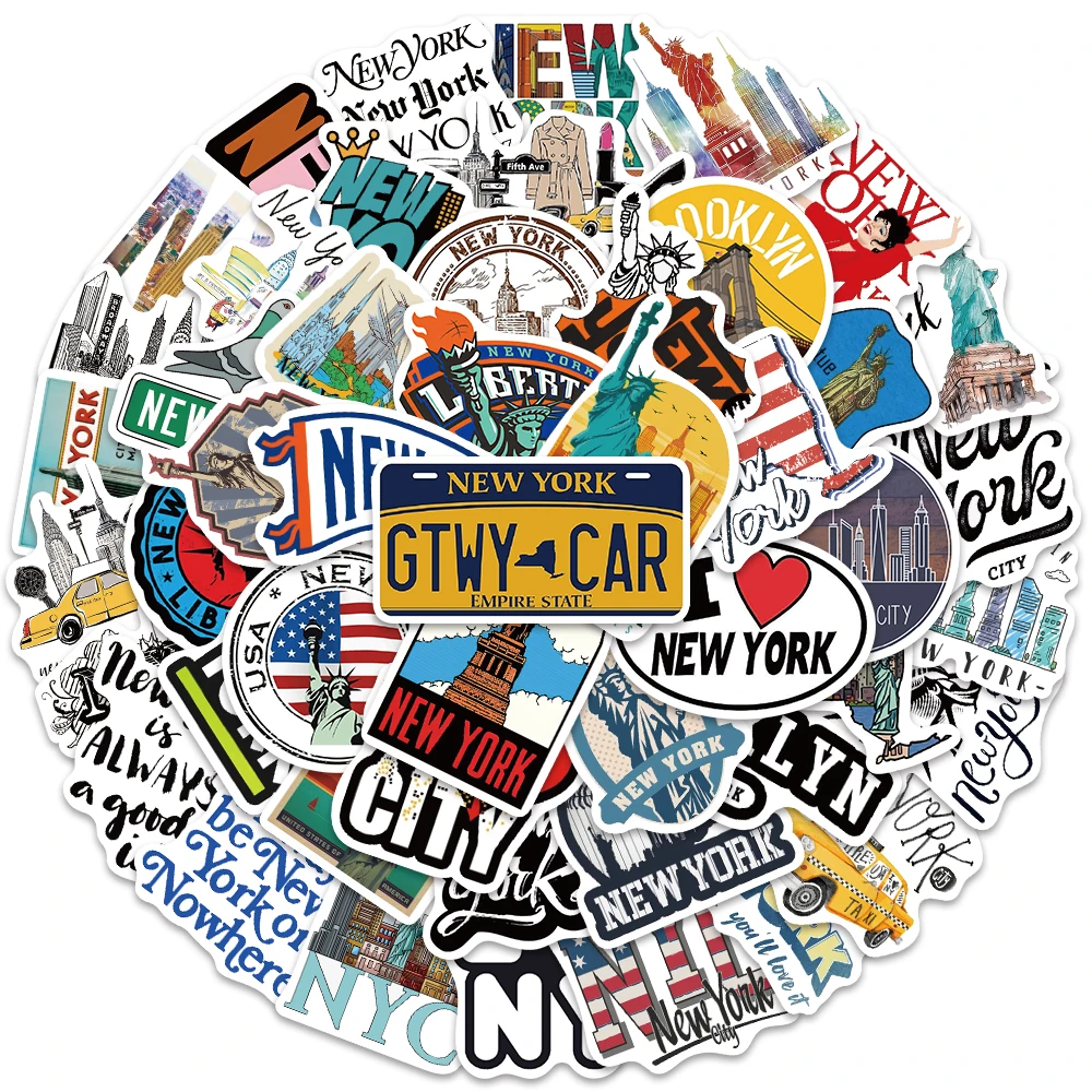 50pcs American New York Stickers Cartoon Graffiti Decals For Laptop Luggage Skateboard Scrapbook Motorcycle Diary Stickers