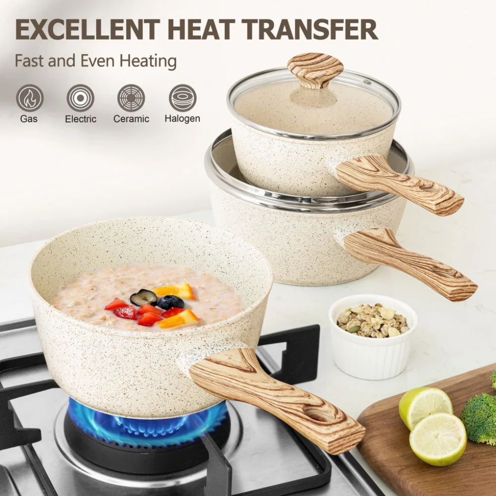 MICHELANGELO Granite Coated Nonstick Saucepan Set With Lid Durable Cookware Set Suitable For Induction And All Other Hobs