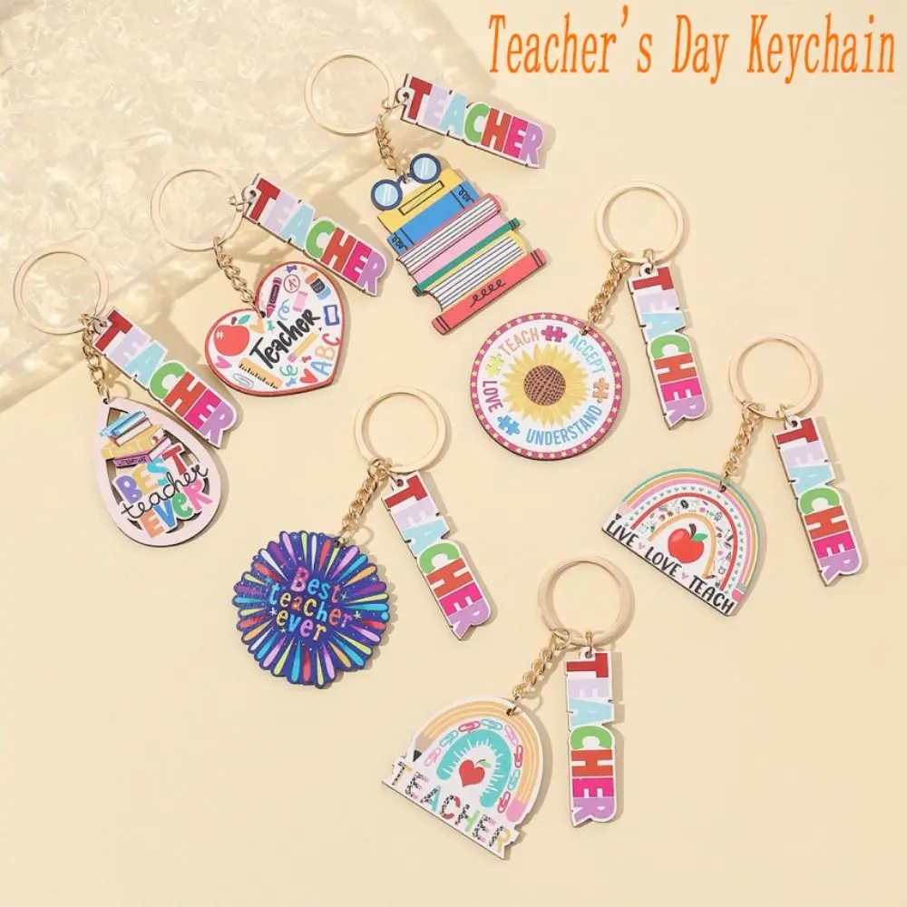 Wooden Teacher's Day Keychain Geometric Shape English Letter Text Keychain Pendant Charm Notebook Pen Holder Key Ring