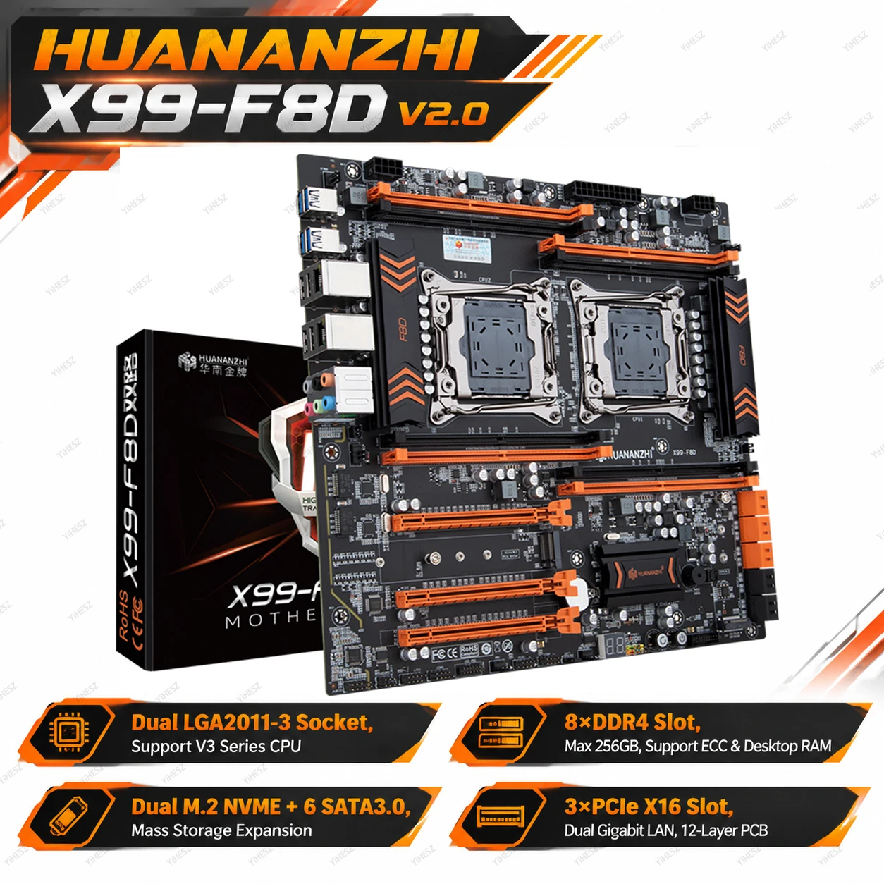 X99 Motherboard LGA2011-3 C612 Dual CPU DDR4 256GB ECC 6xSATA 4xSSATA M.2 NVMe 3xPCIe x16 Dual Gigabit LAN E-ATX