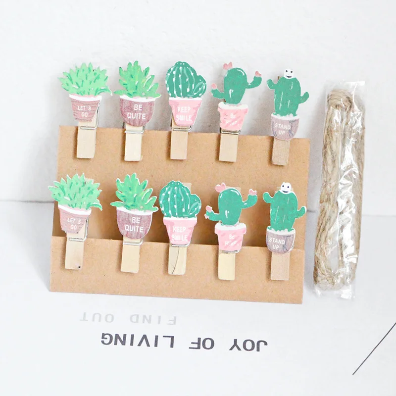 10pcs 35x7mm Cactus Wooden Peach Hanging Photo Clips Memo Paper Art Card Clothespin Stationery Wedding Party Craft Decor