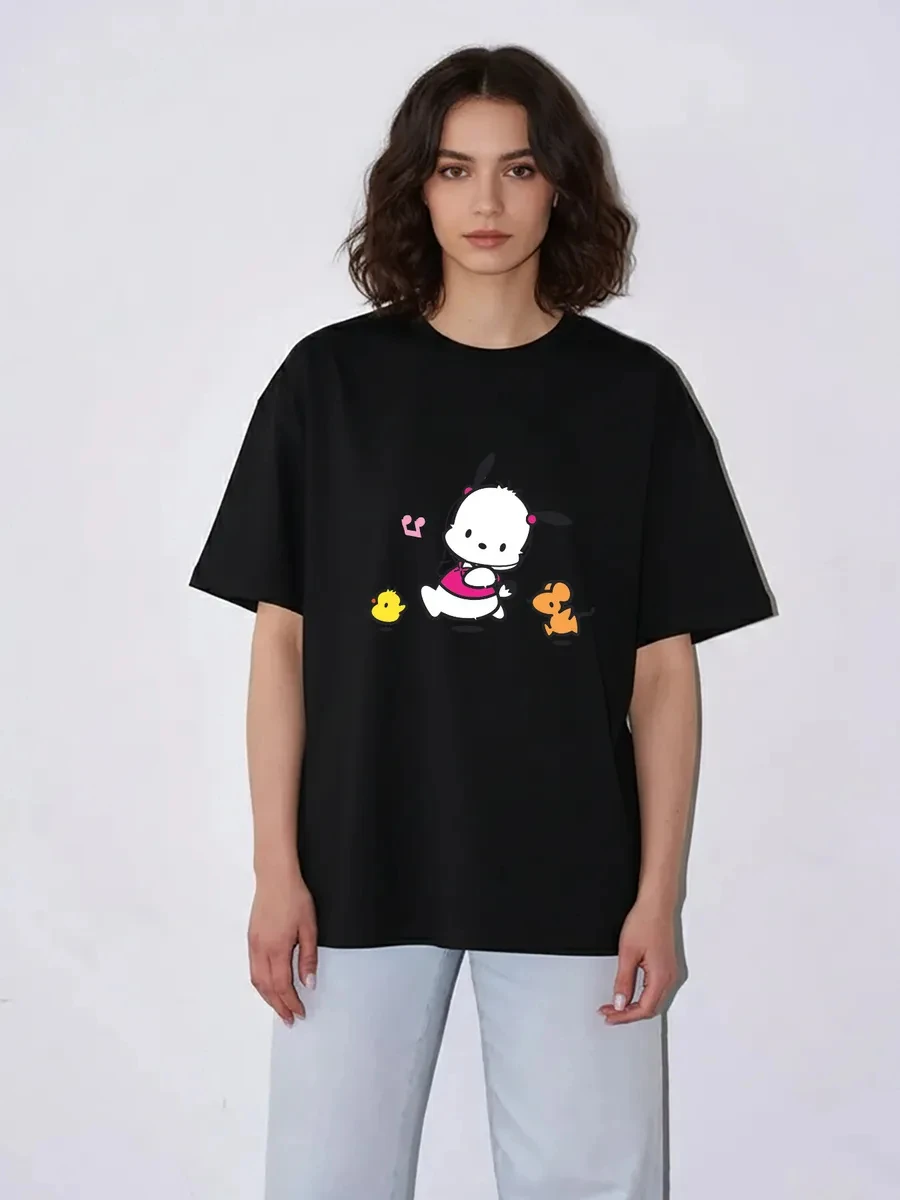 Sanrio Pochacco Women Short Sleeve T Shirt Cute Puppy Chick Mouse Cartoon Graphic Tee Kawaii Girls Summer Casual Oversized Tops