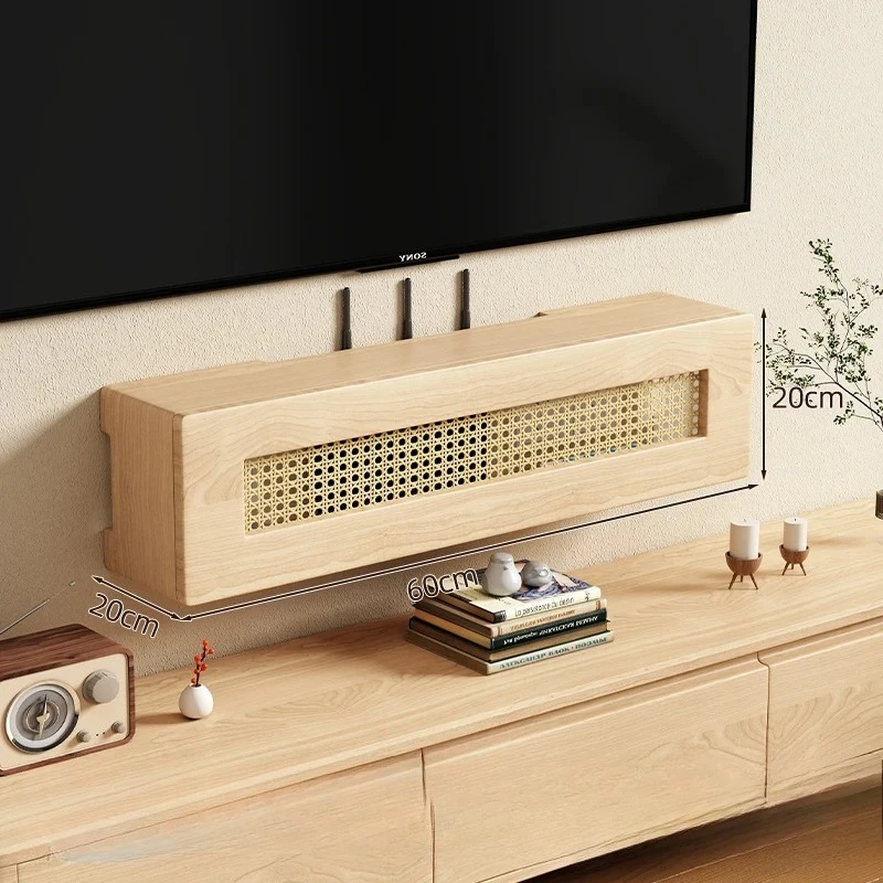 Vintage Rattan Wall Mount Router Holder TV Bracket Organizer with Concealed Cable Management Set Top Box Storage Shelf