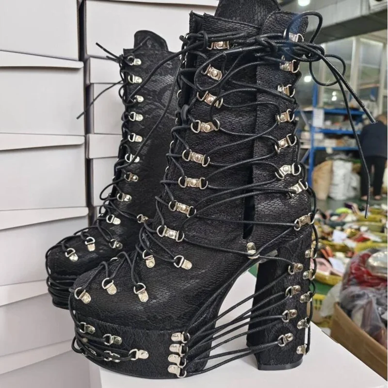 

Sexy Black Lace Metal Decor Ankle Boots Lace Up Ultra High Platform Chunky Heels Women Modern Boots