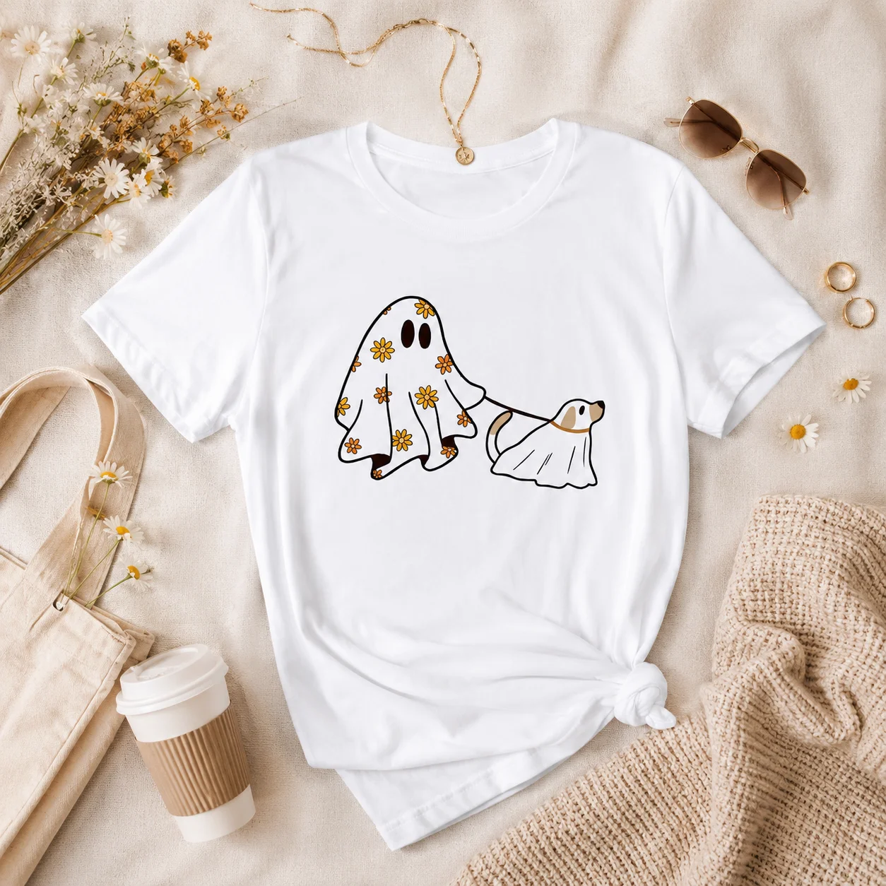 Cute Ghost Walking Dog Women's 100% Cotton Short Sleeve Tee, Floral Daisy Ghost Dog Halloween Dog Lover Graphic Casual T Shirt