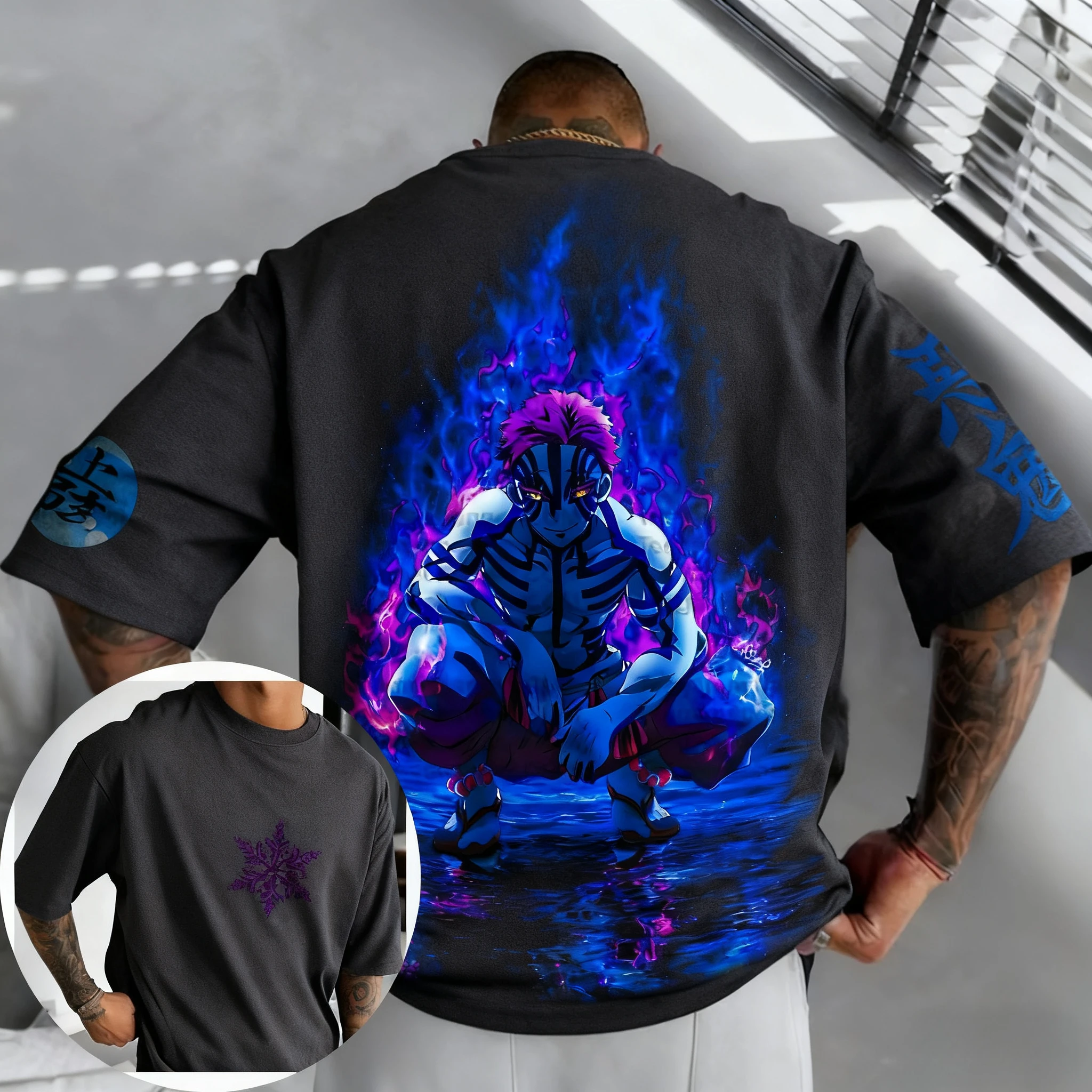 شيطان القاتل الرجال والنساء تي شيرت الصيف جديد Akaza أنيمي مطبوعة Harajuku حجم كبير الاتجاه Y2K عادية فضفاض الوالدين والطفل