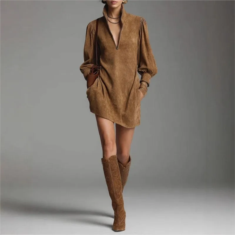 Vintage Mini Dress Women Autumn Long Sleeve Patchwork Party Dress Solid Casual Ladies Dress Vestidos