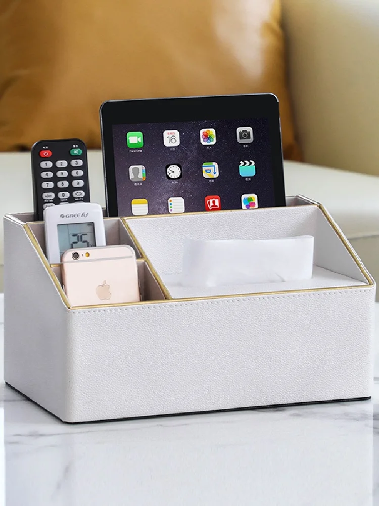 PU Leather Multifunctional Tissue Storage Box, Desktop Remote Control Storage Rack