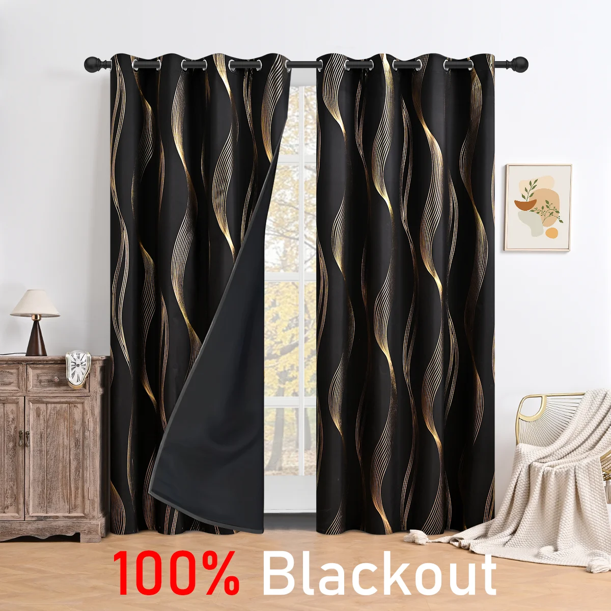 1PC 100% blackout hot stamping wave pattern perforated curtain, suitable for hotel bedrooms and living rooms