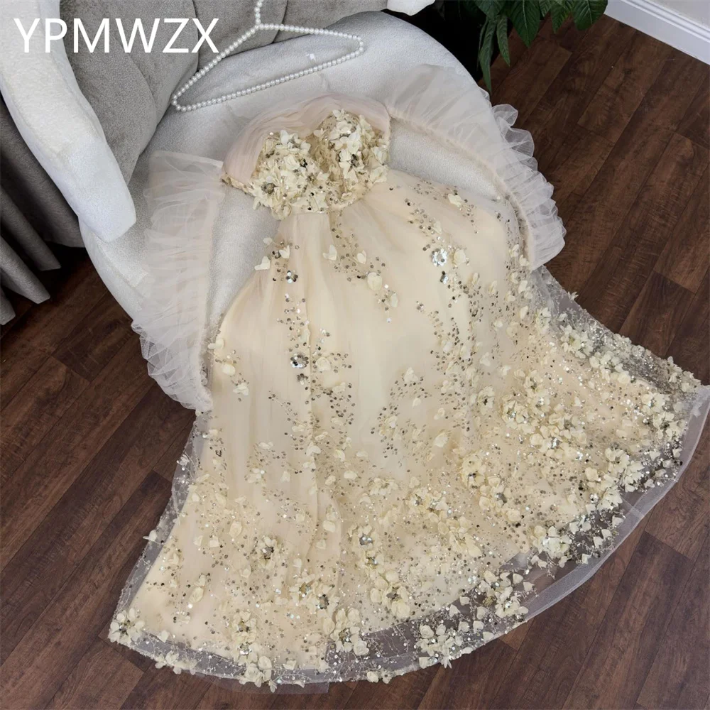 

Customized Evening Dress Formal Women Prom Gown YPMWZX Strapless A-line Floor Length Skirts Tulle Applique Bespoke Occasion Dres