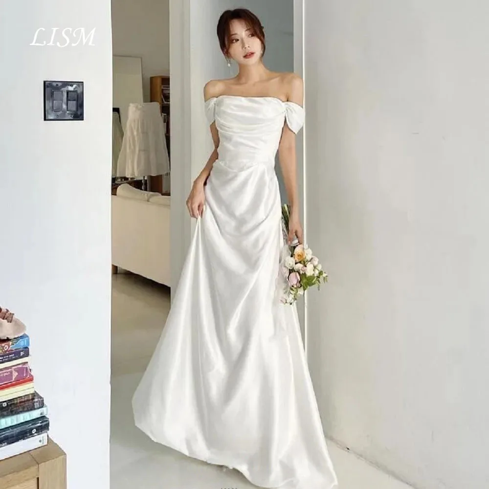 

LISM Korean Wedding Dresses Customized Off the Shoulder Satin Silk Wedding Snap Dress Elegant Sleeveless Corset Prom Dress