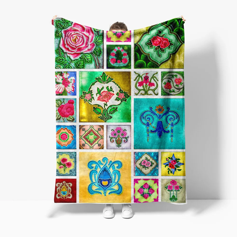 Colorful Patchwork Floral Geometric Print Sofa Bed Throw Blanket Decorative Quilt Bedspread Cushion Cover