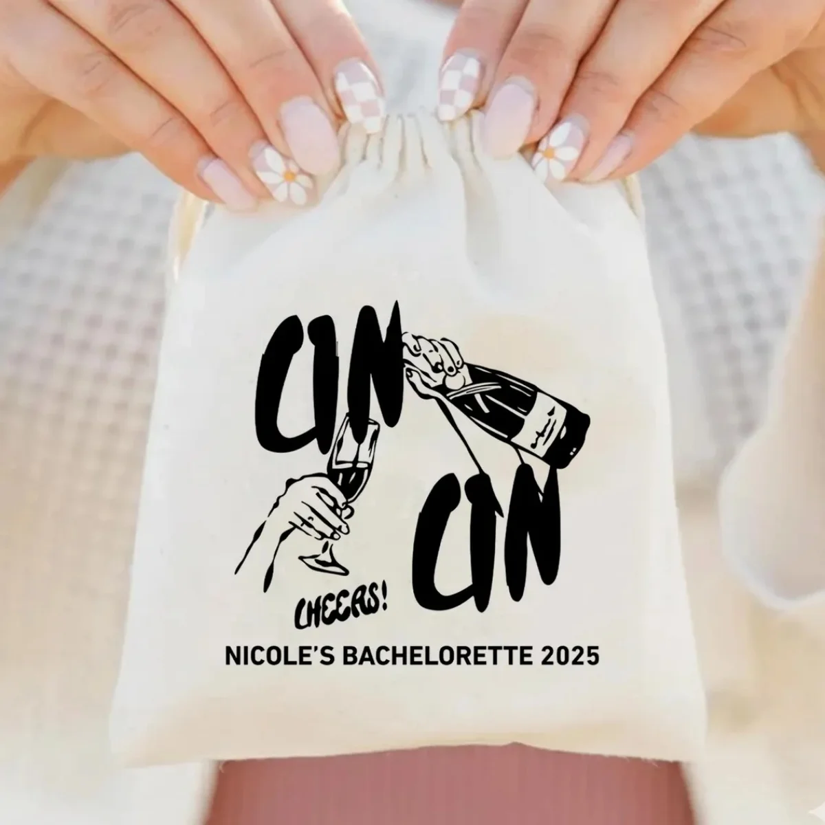 25 Pcs Personalized Cin Cin Bachelorette Favor Bag: Wine Glass Cotton Canvas