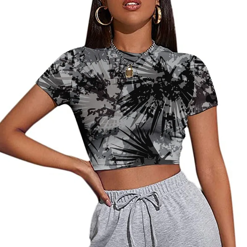 Abstraktes Kunst-Crop-Top für Damen, lebendiger roter und weißer Aufdruck, Sommer-Freizeit-Outfits, Street-Style, bequeme Passform, perfekt für Party