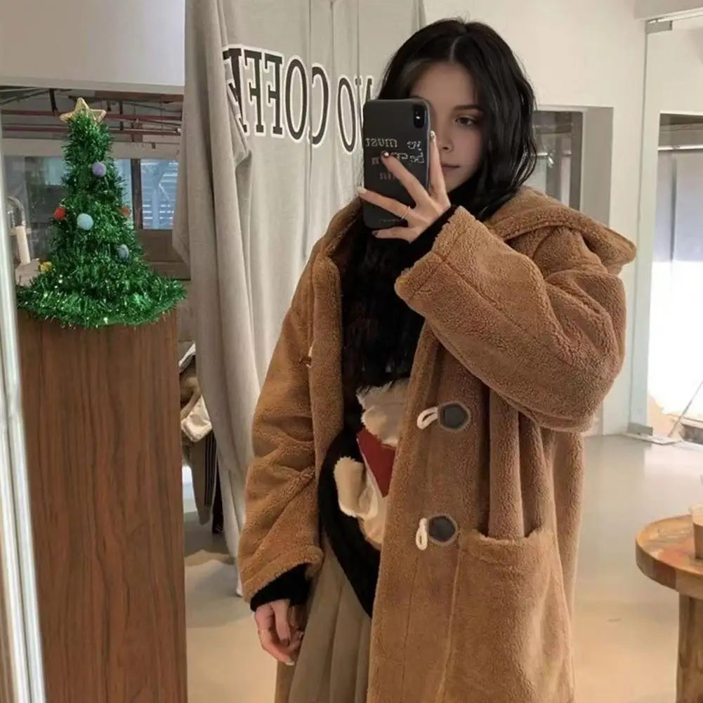 2026 Women Winter Coat with Hood Thick Fleece Pure Color Horn Button Closure Long Sleeves Mid Length Cold-proof Outerwear School