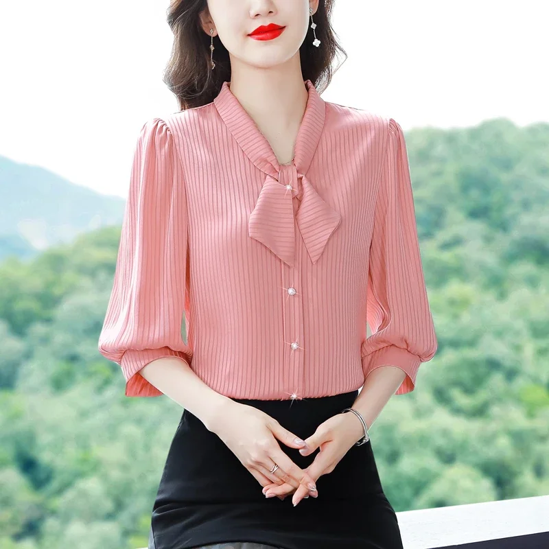 

New 2024 Satin Summer Women's Blouse Casual Fashion Advanced Temperament Simplicity Tops Stripe Button Bow Knot Shirt