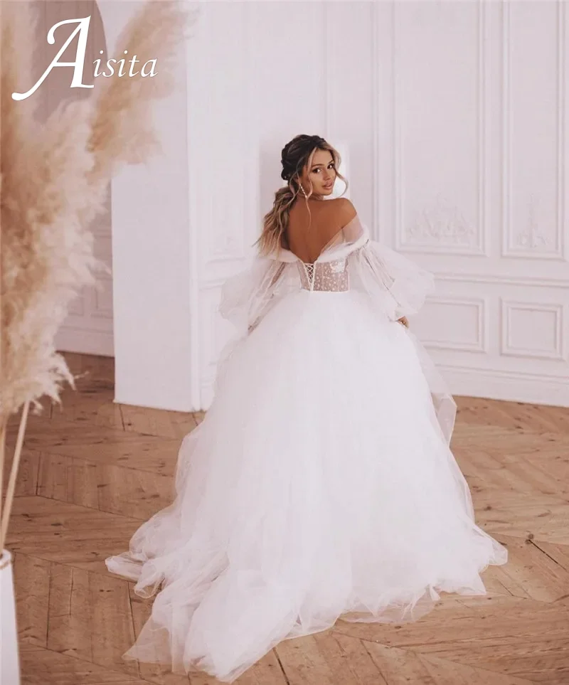 Tulle Wedding Dresses Sweetheart Lace Ball Gown Off Shoulder Full Sleeves A-Line 2025 Bride Prom Gown Bridal Gowns Customized