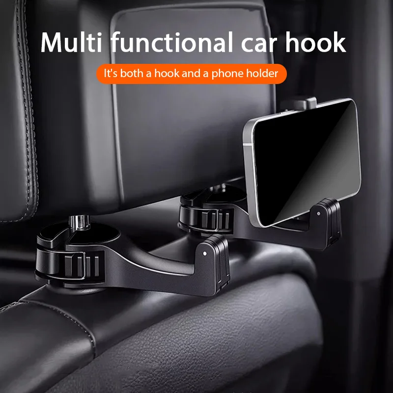 Multifunctional 2 In 1 Car Hook Hidden Mobile Phone Holder Bracket Car Clip Rear Row Headrest Hook Lock Buckle Car Mount Stand