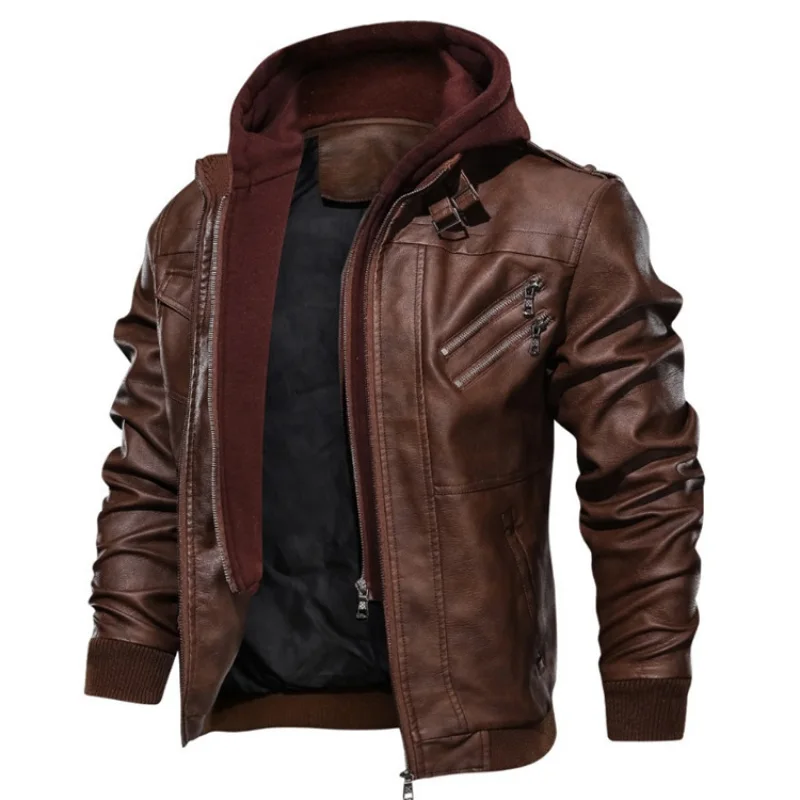 Men Leather Jacket Warm Autumn Winter Windbreaker Overcoat PU Biker Jacket Coat With Hood Fashion Casual Jacket Male Clothes