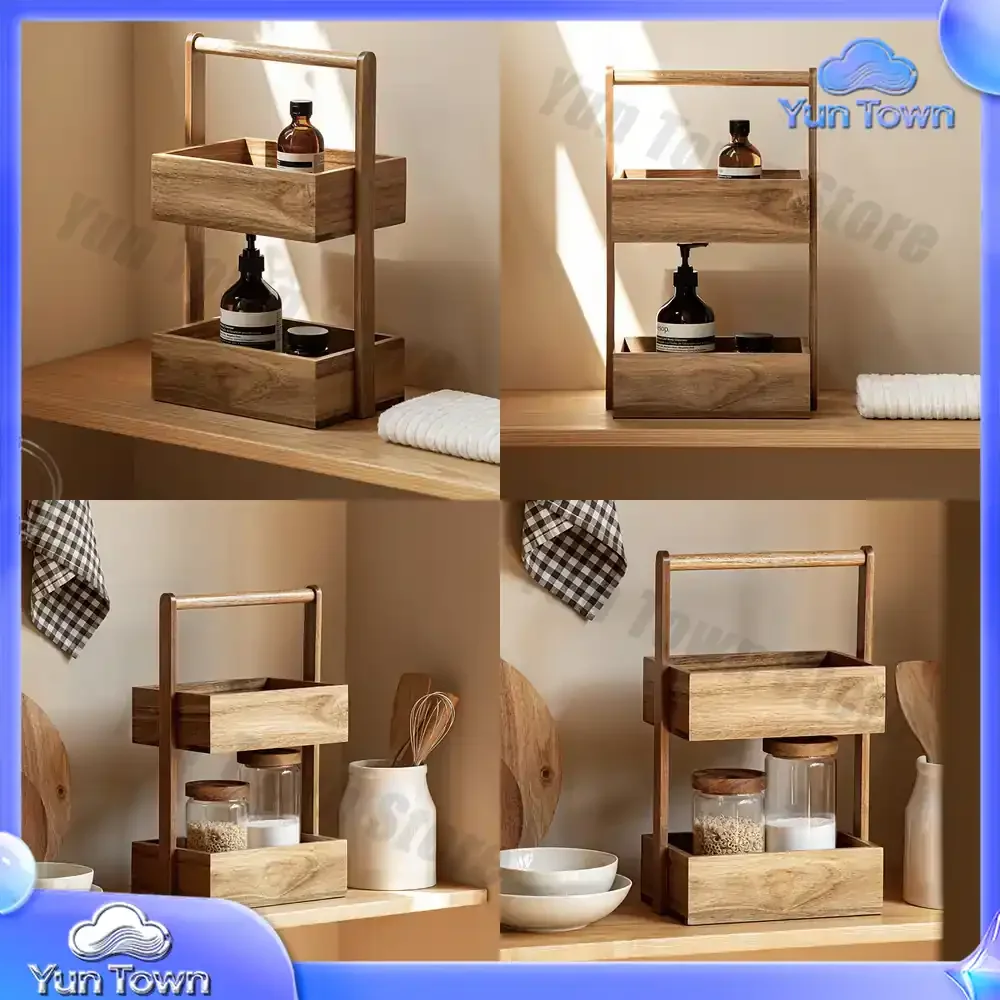 Doppelschichtiges Massivholzregal für Küche, Bad, Toilette, Aufbewahrungsregal, Desktop-Organizer für Snacks, Obst und Gemüse, mehrschichtig
