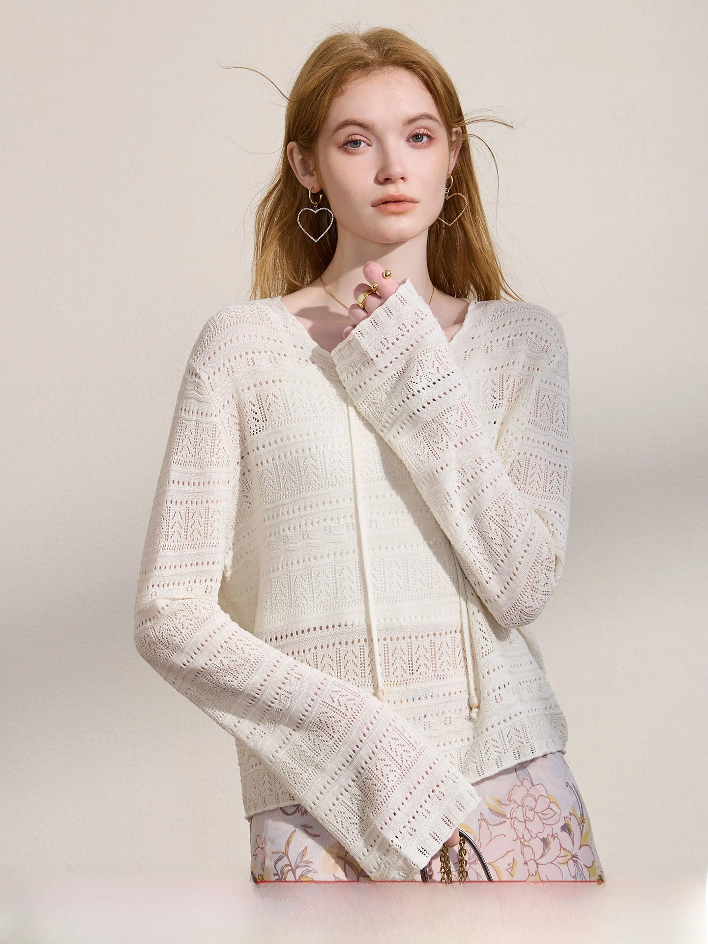 SEREN Reticulate Knitted Hollow out Long Sleeve V-Neck Tunic Top with Belt Casual Loose Fit Soft Lenzing Linen Women's Fashion