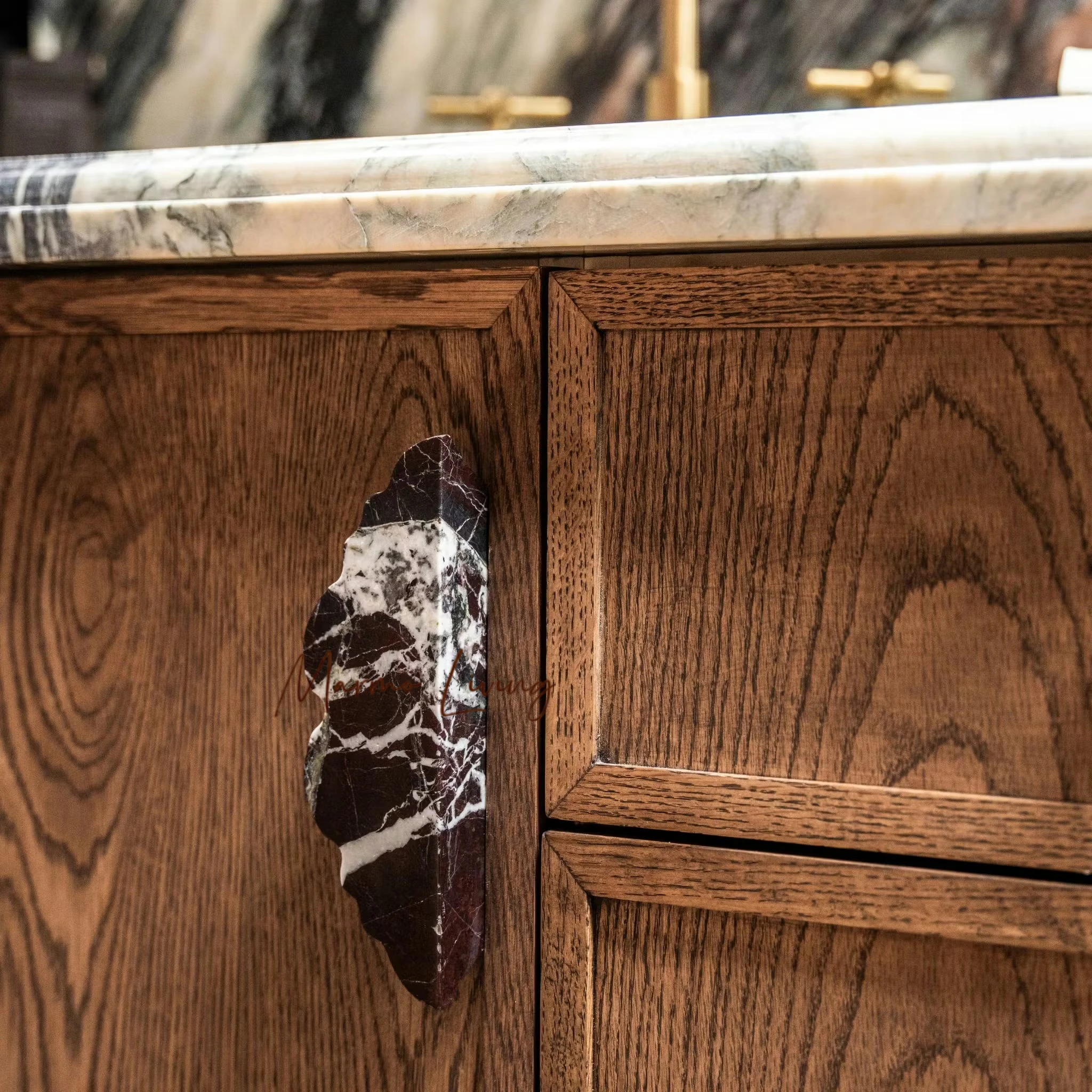 

French Luxury Cabinet Rosso Marble Glass Door Cedrus Handle Rosso Stone Knob Elegant Wardrobe Pull