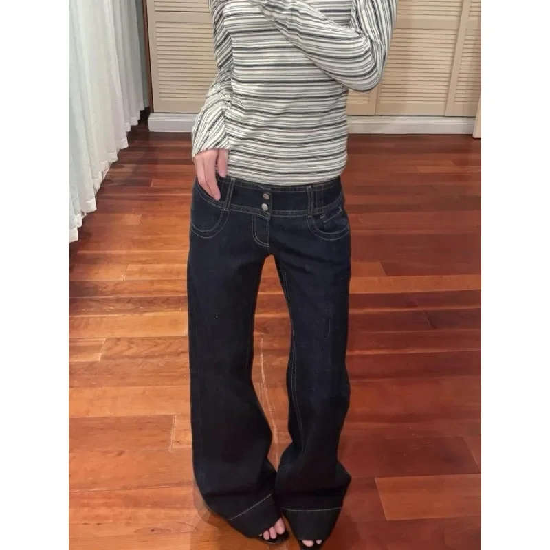 여성 여름 가을 루즈핏 청바지 스트릿웨어 시크 Y2K 롱 핫걸 와이드 레그 팬츠 아메리칸 레트로 로우 웨이스트 와이드 레그 청바지