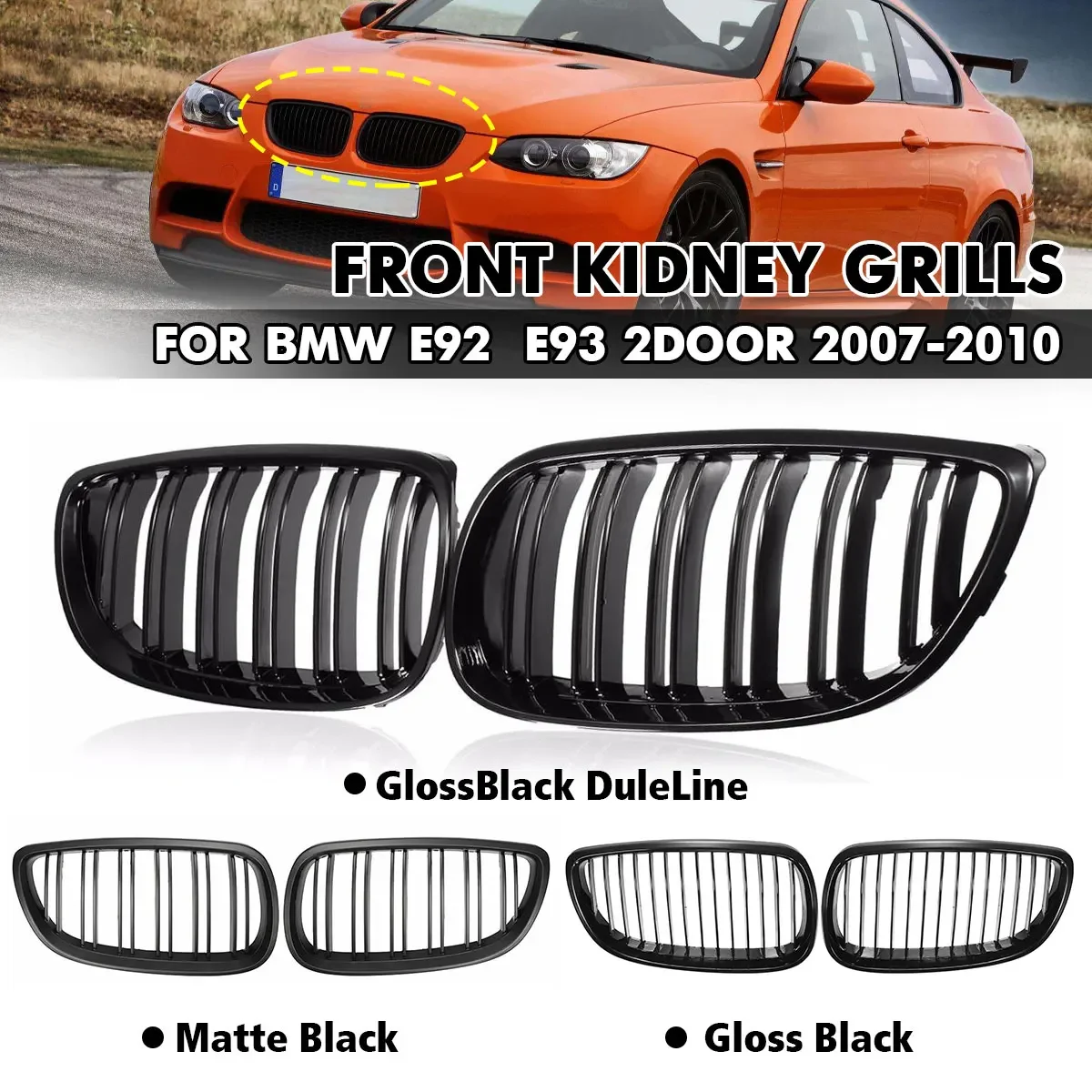 

2 PCS Front Kidney Grilles Dual Slats Glossy Black For BMW E92 E93 328i 335i 2007 2008 2009 2010 2011-2014 Car Racing Grilles