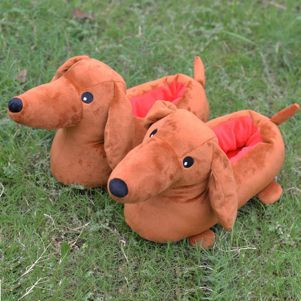 Men's Winter New Dachshund Plush Slippers Cartoon Animal Sausage Dog Plush Doll Puppy Cotton Slippers Indoor Home Slippers