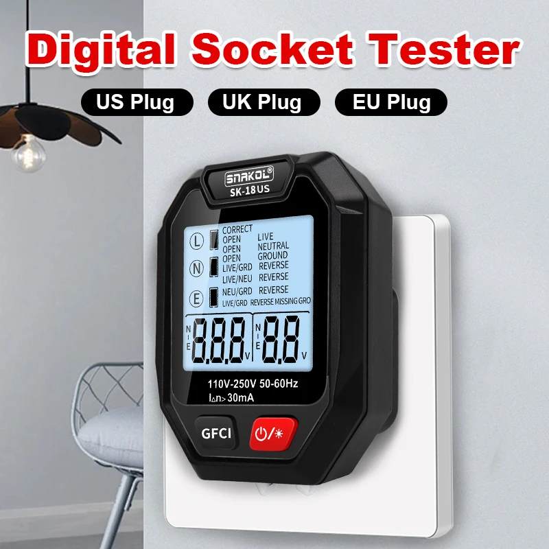 SK18 Digital Socket Tester EU US UK Plug Polarity Detection Large LCD Socket Wiring Diagnosis Voltage Display RCD Test