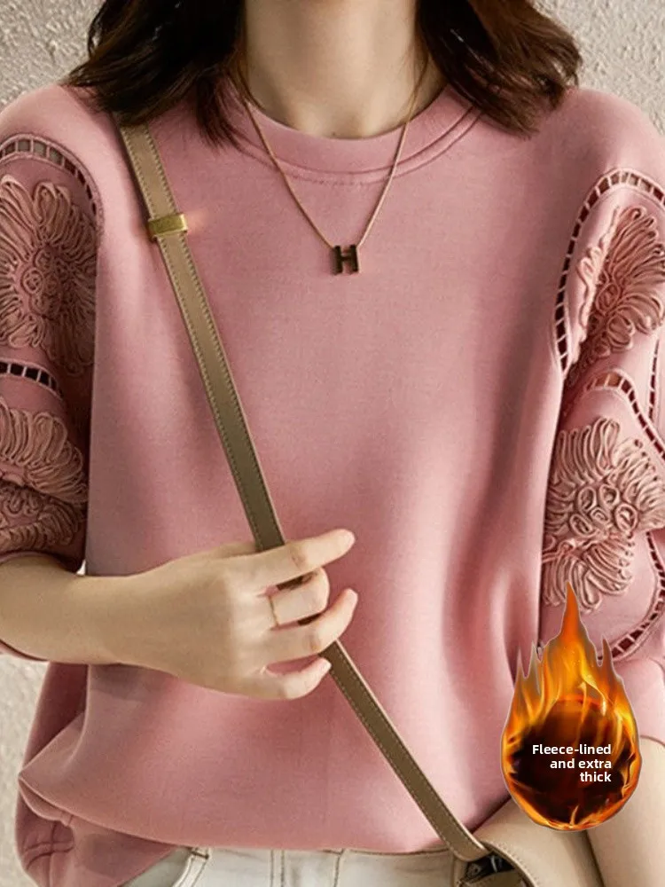 Bla Casual Long Sve Hoodie Women's round Ne Design Hollow out Flower Print Comfortable Loose Fit Top for Autumn 2025