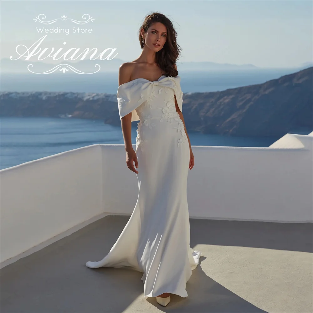 

Aviana Customized Off The Shoudler Bow Mermaid Wedding Dress Sweep Trian Embroidery Appliques Pearls Simple Floor Length 2025