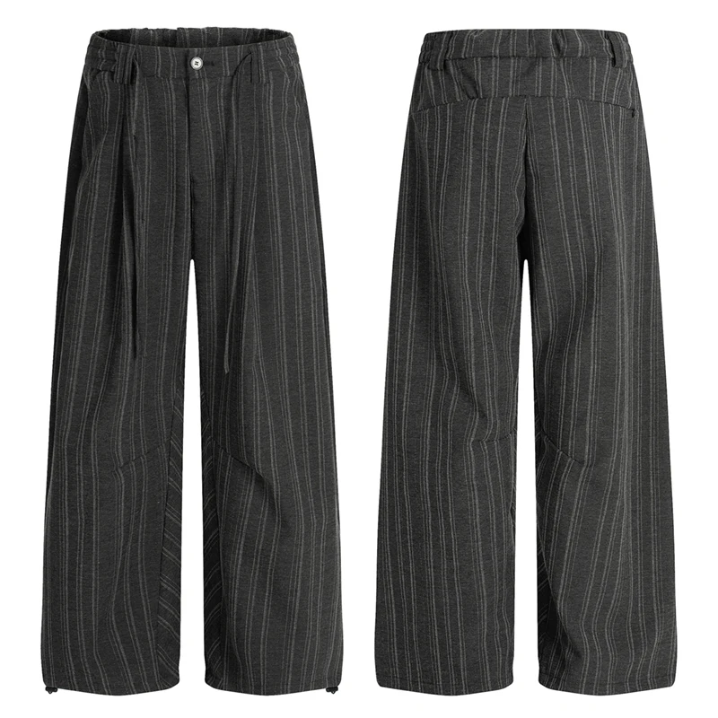 

American Style Men Suit Trousers Striped Design Contrast Color Drawstring Worn-out Wide Leg Loose Male Pants Spring Autumn