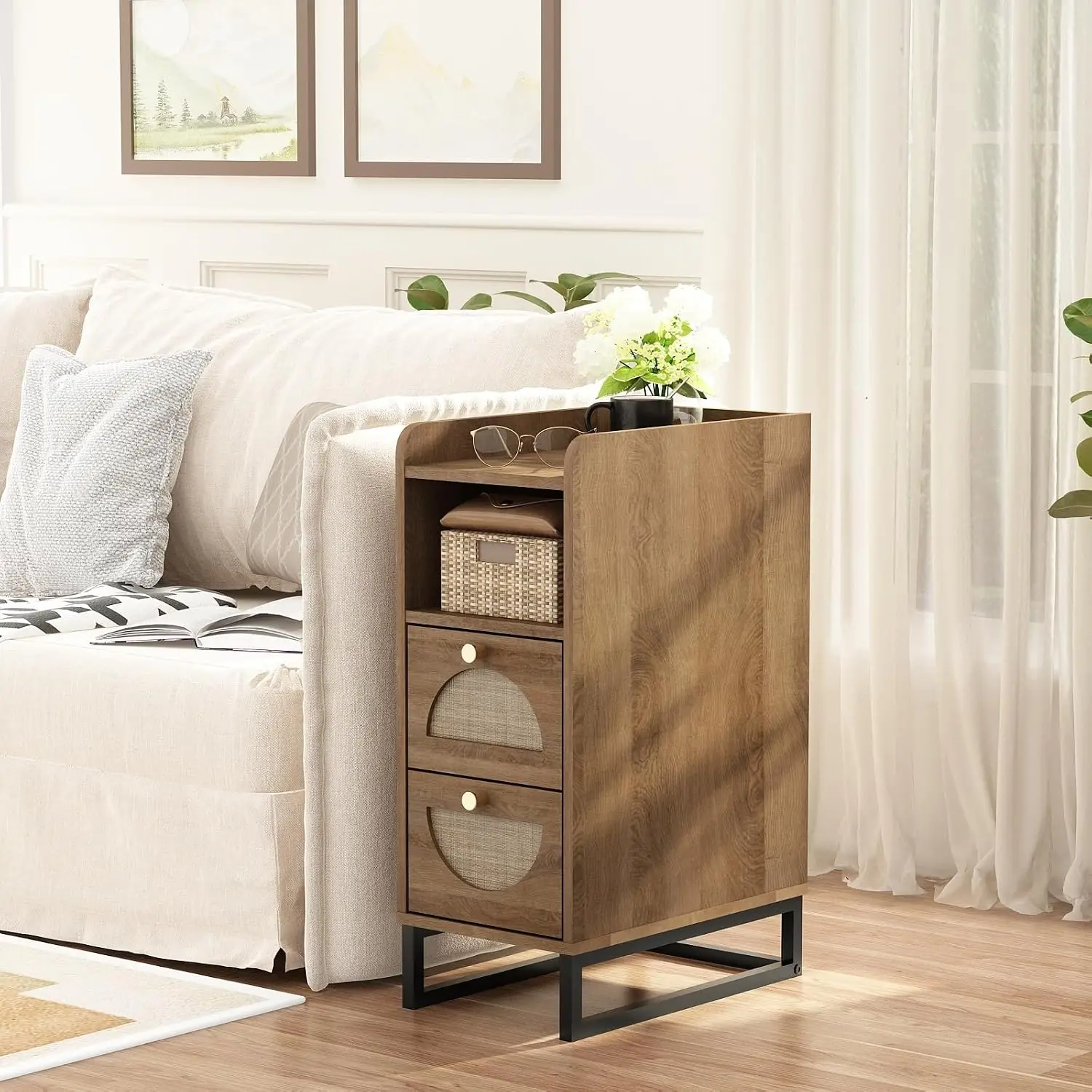 Narrow Nightstand for Small Spaces - 9.3" Slim Side Table with Rattan-Weave Drawers, Skinny Bedside Table with Open Shelf