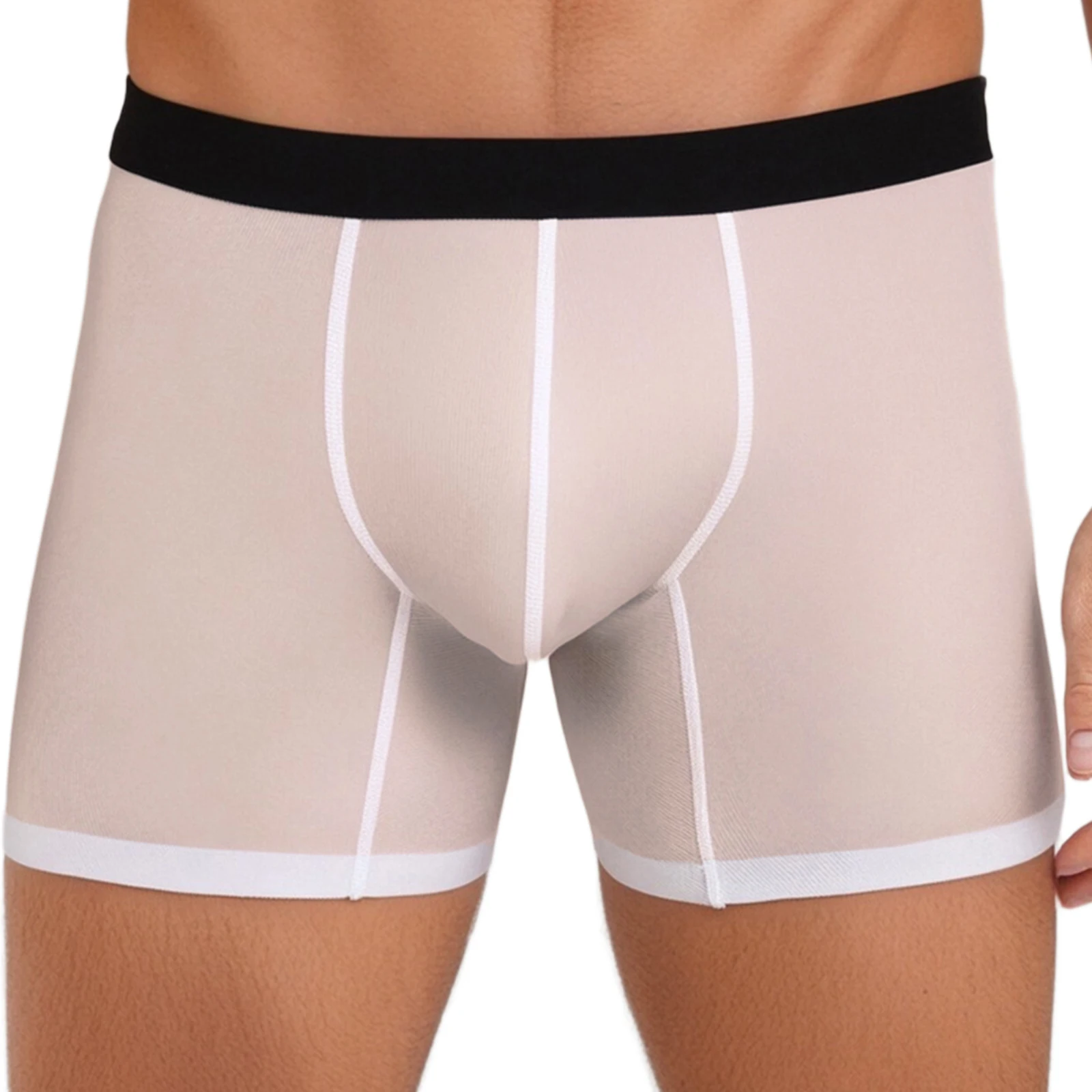 

Men Semi See-Through Ribbed Boxer Panties Shorts Elastic Waistband Bulge Pouch Daily Underpants Underwear Swim Trunks