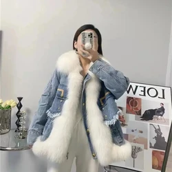 Fox Hair Stitching Denim Parker Jacket Women Overcoat 2026 New Autumn Winter Jeans Pie To Overcome Loose Down Jacket Liner Coat