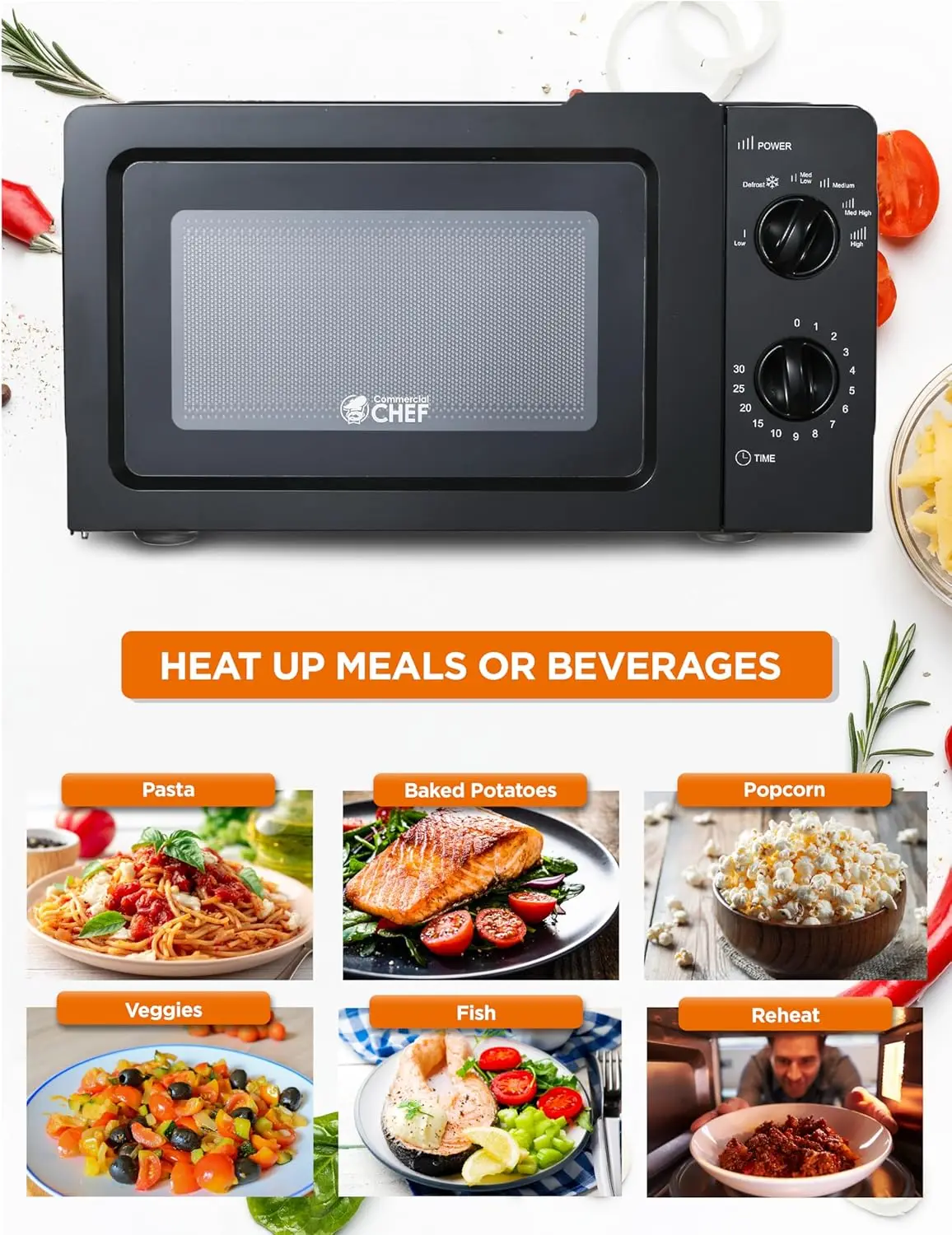 CHEF 0.6 Cubic Foot Microwave with 6 Power Levels, Small Microwave with Grip Handle, 600W Countertop Microwave with 3