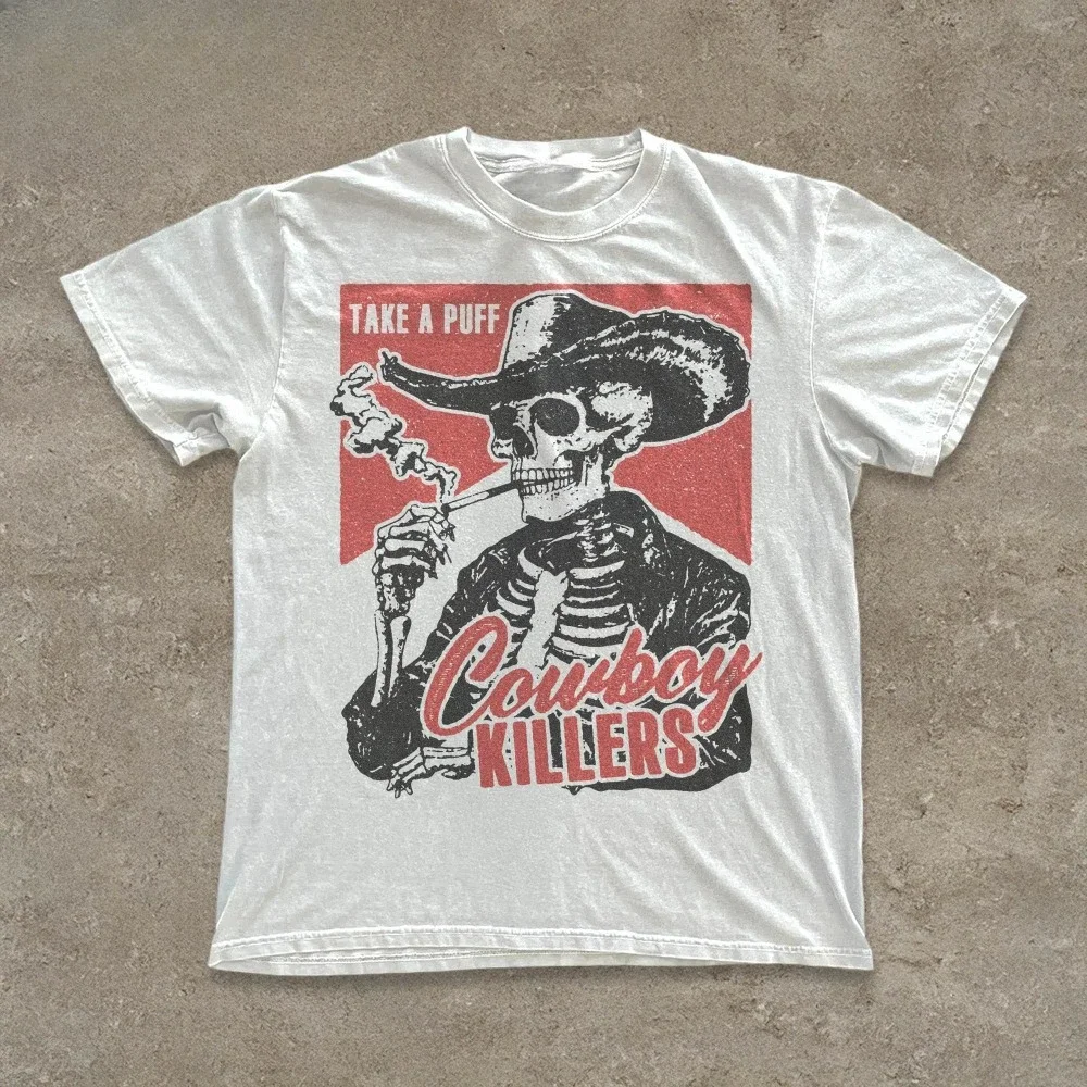 Skull Smoking Cowboy Killer T-shirt Fun Skull Pattern Retro Western Punk Style T-shirt Pure Cotton All-Season Couple Top
