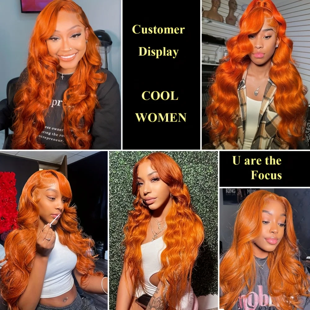 Perruque Lace Front Wig 100% brésilienne naturelle, cheveux longs et lisses, Orange gingembre, Transparent Hd, 13x6, pour femmes