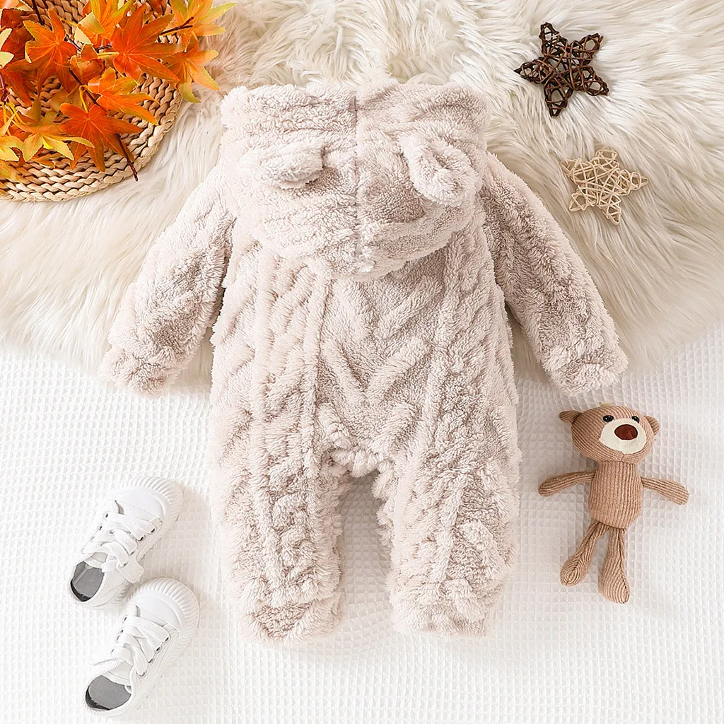 ملابس الشتاء الدافئة بيبي بوي فتاة لطيف بأكمام طويلة مقنعين رقيق رومبير 2 ألوان طقم قطعة واحدة للأطفال الصغار بذلة لمدة 1-18 أشهر #2