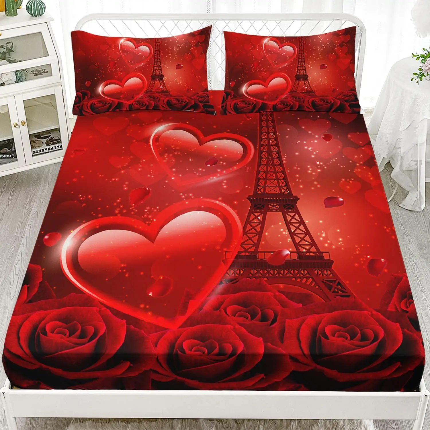 Rose Flower Fitted Sheet Twin Queen Valentine Romantic Bed Sheet Set for Kids Adults Floral Deep Pocket Sheets No Top Flat Sheet