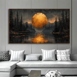 Golden Moon Tree Forest Lake Mountain Landscape Poster Canvas Painting Wall Art Pictures Home Bedroom Decor Cuadros